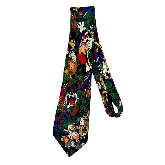 Vintage 1993 Looney Tunes Jungle 100% Silk Tie Bugs Bunny Sylvester Tweety Taz - Picture 3 of 3